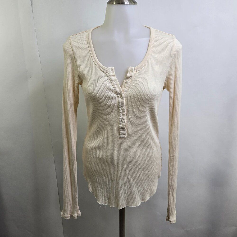 Xirena Top L Cream Button Henley Long Sleeve Stripe Stretch White Ribbed